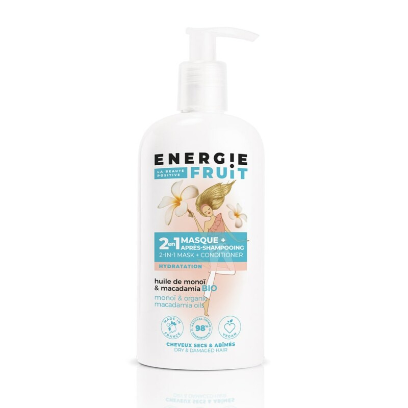 energie fruit monoi huile de macadamia bio cheveux abimes masque apres shampooing 2 en 1 sans silicone 300ml flacon pompe 1000x1000 min