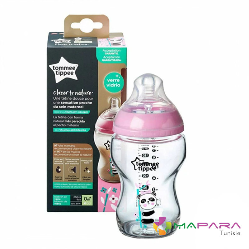 Tommee tippee closer to nature biberon verre 250ml panda rose maparatunisie