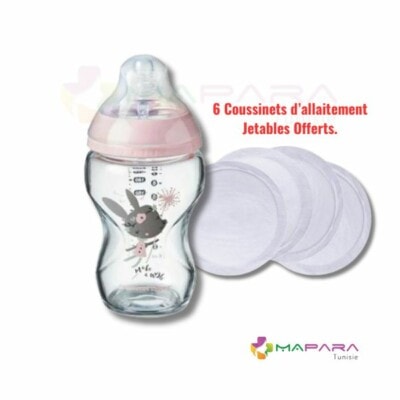 TOMMEE TIPPEE Closer To Nature Biberon En Verre 250ml Lapin Rose + Coussinets Offert