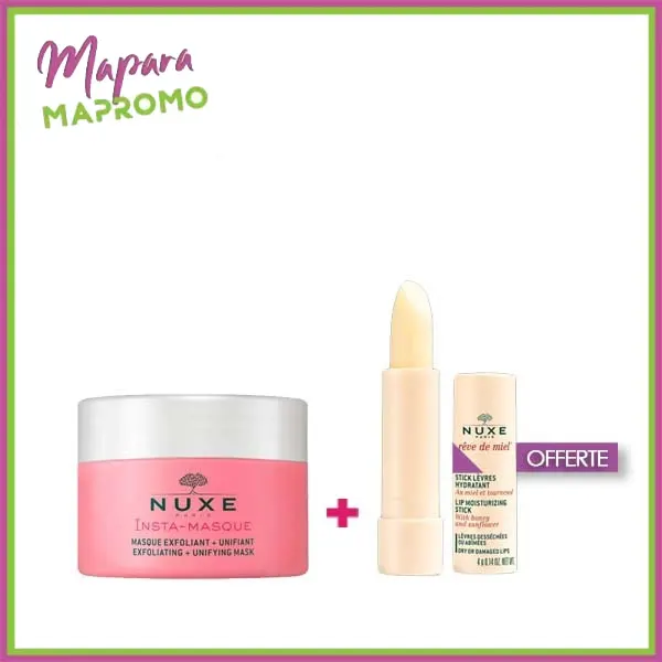 Nuxe masque exfoliant rose et macadamia 50g + nuxe rêve de miel stick lèvres hydratant 4g (offerte)