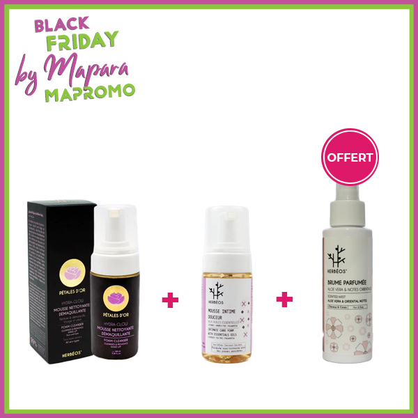 HERBÉOS Hydra Glow – Mousse nettoyante Démaquillante Pétales d’Or 100 ml + HERBÉOS Mousse Intime Douceur Aux Huiles Essentielles 120 ml + HERBÉOS Brume Parfumée Aloé Véra & Notes Orientales 100 ml (Offert)