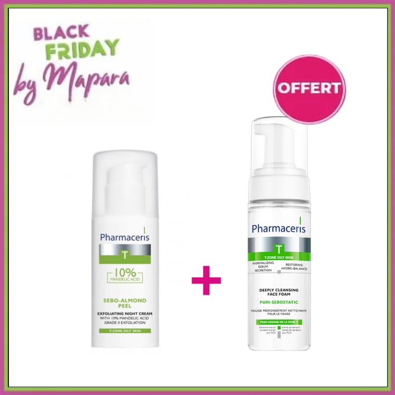 PHARMACERIS T SEBO ALMOND Crème de Nuit Exfoliante 50ml +PHARMACERIS T Mousse Nettoyante 150 ml (Offert)