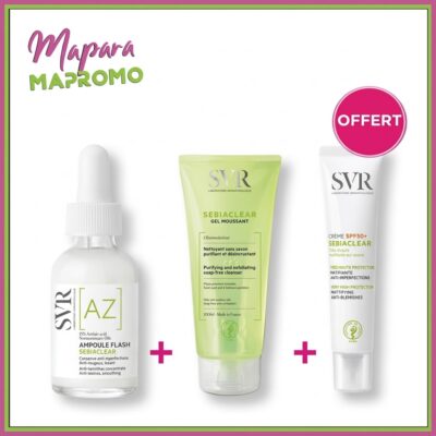 Svr sebiaclear ampoule flash az + gel moussant 200ml + crème spf50 (offert)
