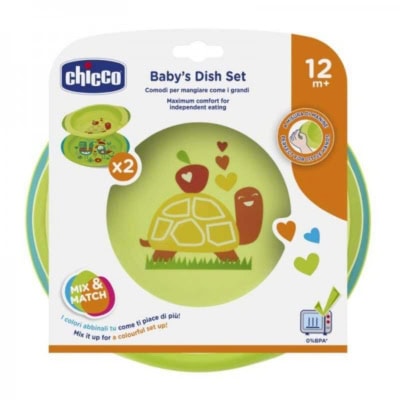 Chicco ensemble assiettes plate et creuse décorées bébés 12+ mois vert