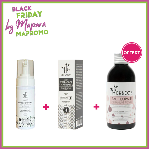HERBÉOS Mousse Nettoyante Pureté Anti-acné 170 ml + HERBÉOS Crème Réparatrice Cicatrisante Nuit Peaux Acnéiques 30 ml + HERBÉOS Eau Florale De Géranium 150 ml (Offert) (Copie)