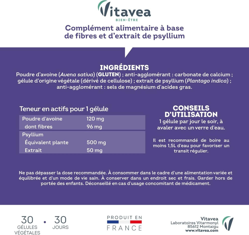 Vitavea transit facilité fibres psyllium 30 gélules