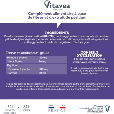 Vitavea transit facilité fibres psyllium 30 gélules