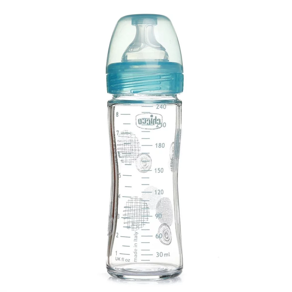 Chicco well being biberon verre débit lent 0 mois+ bleu 240ml