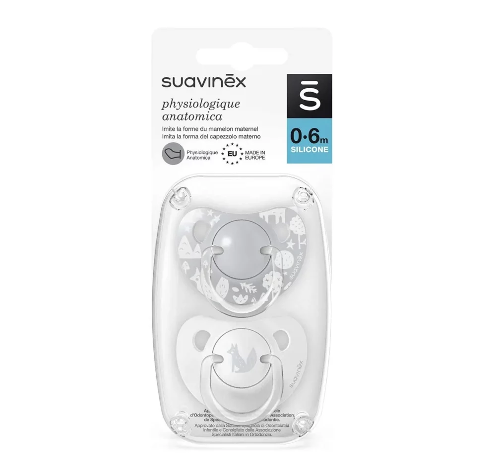 Suavinex 2 sucettes physiologique silicone fox gris 0-6 mois