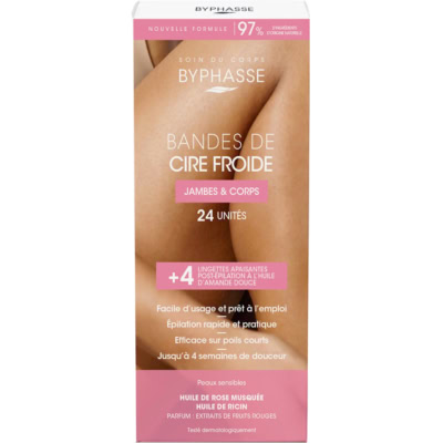 Byphasse Bandes de Cire Froide (24 Bandes + 4 Lingettes) Jambes et Corps Peaux Sensibles