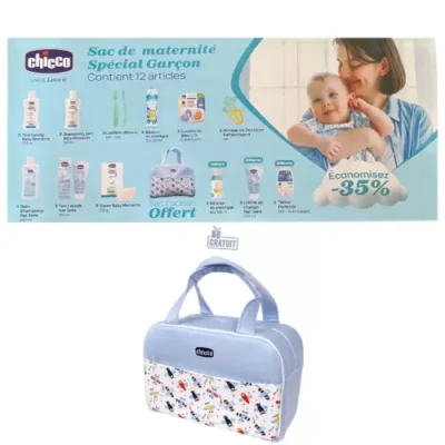 Chicco Sac Maternité Garçon – 12 Produits Essentiels + Sac Bleu Offert