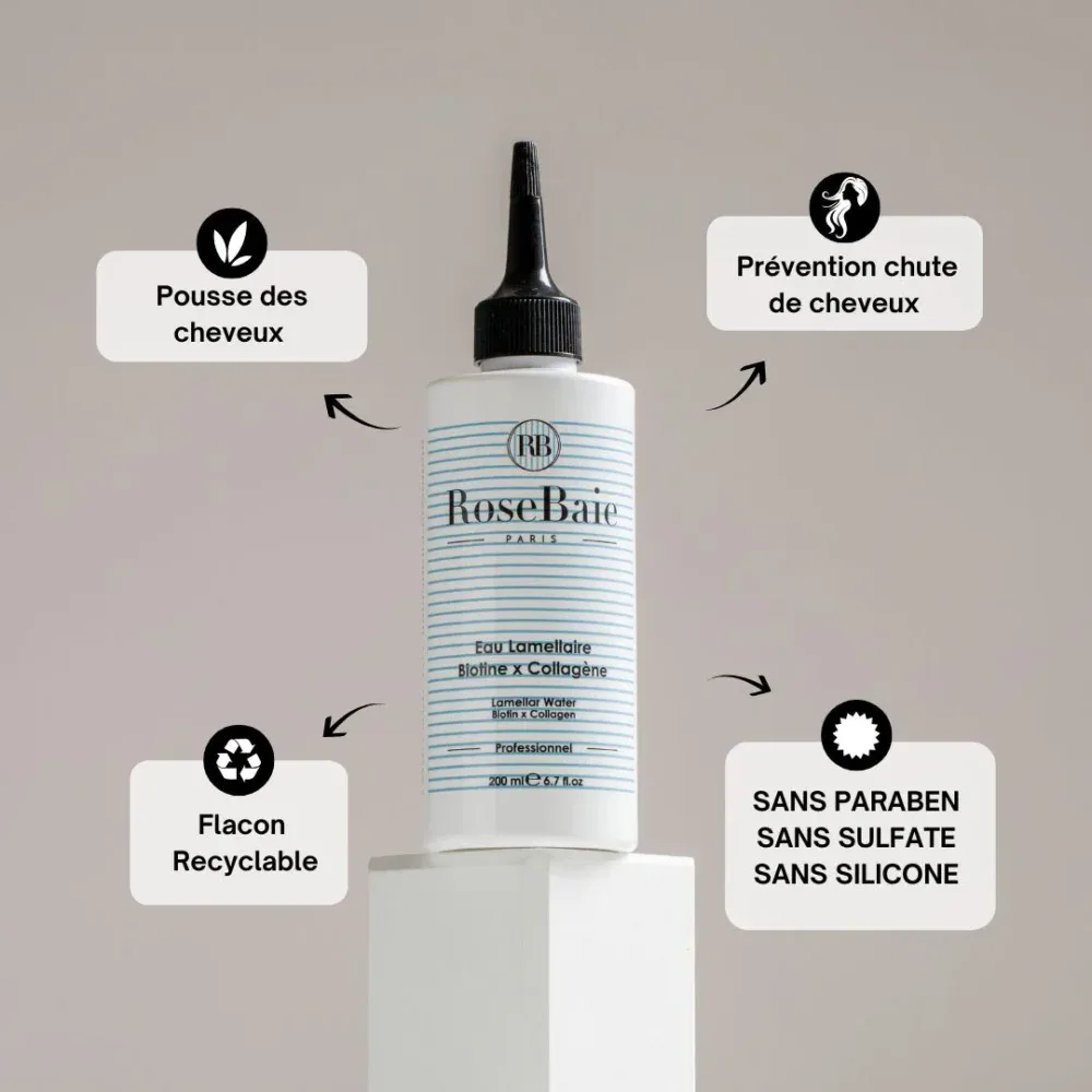 Rosebaie eau lamellaire biotine et collagène soin brillance et réparation express 200ml