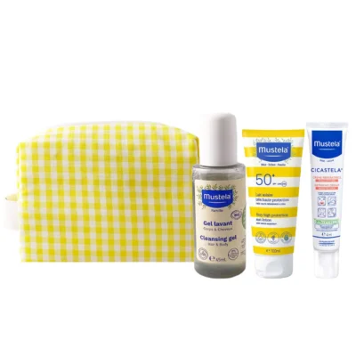 Mustela Trousse Jaune Solaire Lait Très Haute Protection 100ml + Crème Réparatrice Cicastela 40ml + Gel Lavant Bio 45ml Offert + Trousse