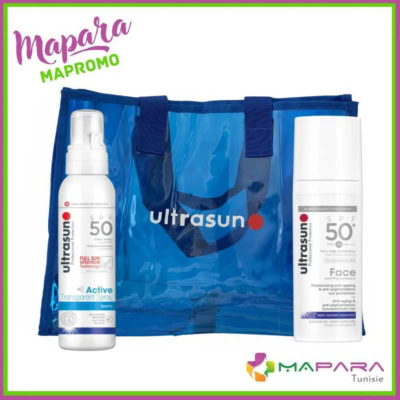 ULTRASUN Coffret Solaire Anti-Âge & Sport – Écran SPF50+ 50ml + Spray Transparent SPF50 150ml + Sac de Plage Offert