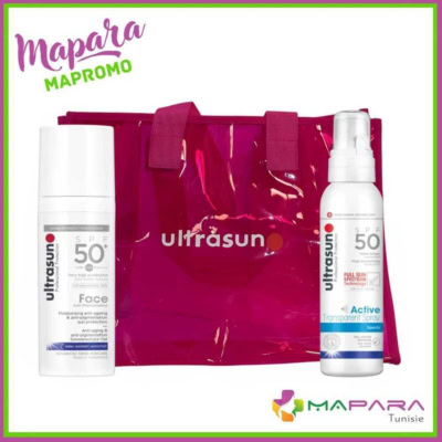 ULTRASUN Coffret Solaire Anti-Âge & Sport – Écran SPF50+ 50ml + Spray Transparent SPF50 150ml + Sac de Plage Rose Offert
