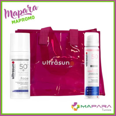 ULTRASUN Coffret Visage Anti-Âge – Écran Anti-Taches SPF50+ 50ml + Brume Solaire Transparente SPF50 75ml + Sac de Plage Offert