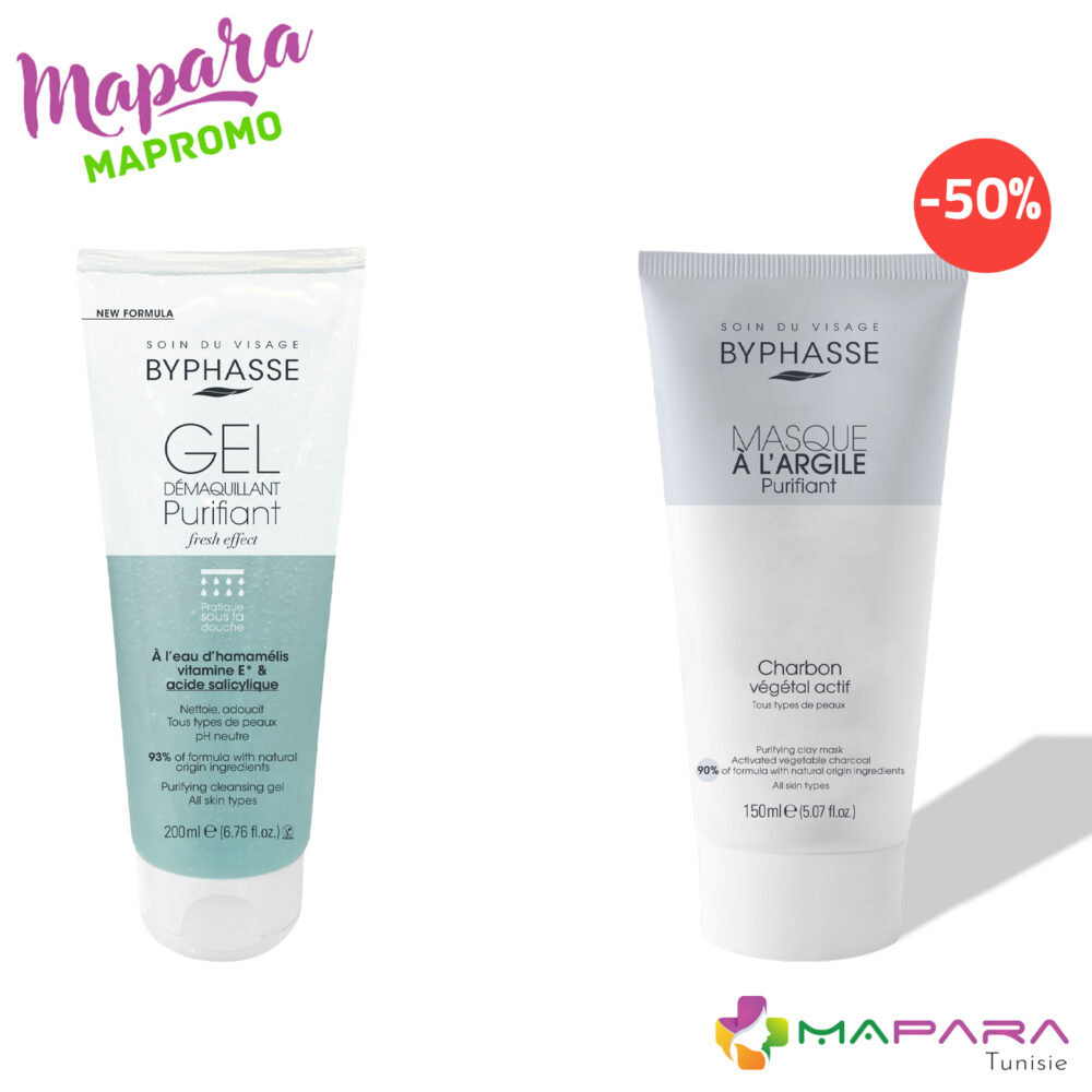 Byphasse gel démaquillant purifiant 200ml + masque argile charbon 150ml à -50%