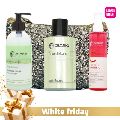 Alania Fleur de Lune – Gel Lavant Corps 350ml + Pureté+ Vitamine C Eau Tonique 150ml + Eau Parfumée Cheveux & Corps 100ml Offerte + Trousse Offerte
