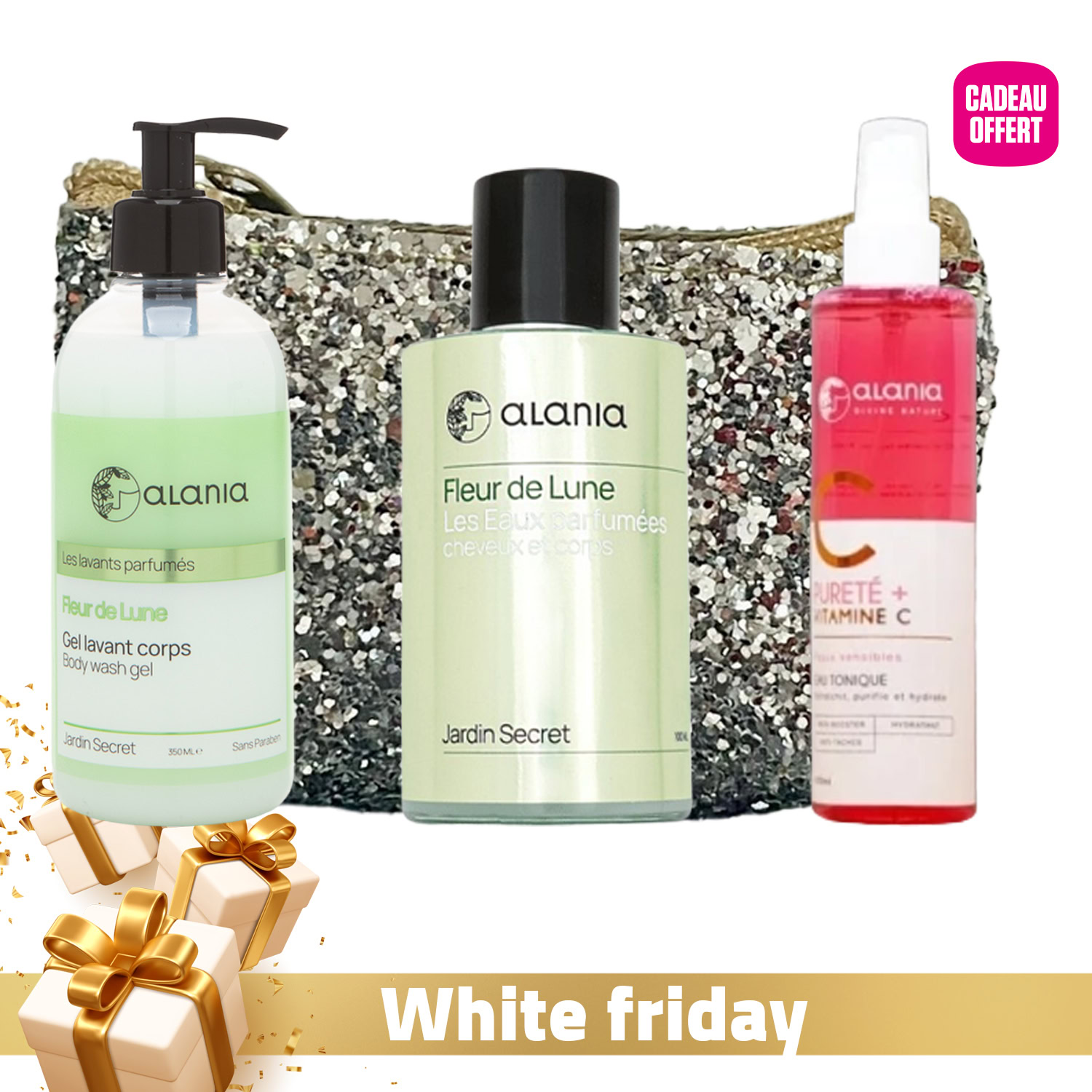 Coffret alania fleur de lune – gel lavant corps 350ml + pureté+ vitamine c eau tonique 150ml + eau parfumée cheveux & corps 100ml offerte + trousse offerte Alania fleur de lune – gel lavant corps 350ml + pureté+ vitamine c eau tonique 150ml + eau parfumée cheveux & corps 100ml offerte + trousse offerte