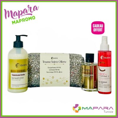 Coffret Alania Fleur de Lune – Gel Lavant Corps 350ml + Pureté+ Vitamine C Eau Tonique 150ml + Eau Parfumée Cheveux & Corps 100ml Offerte + Trousse Offerte