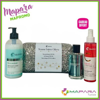 Coffret Alania Pierre de Soleil – Gel Lavant Corps 350ml + Eau Parfumée Cheveux & Corps 100ml + Pureté+ Vitamine C Eau Tonique 150ml Offerte + Trousse Offerte