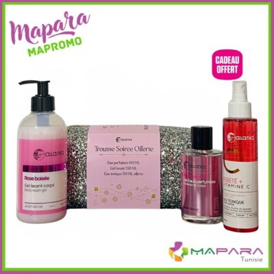 Coffret Alania Rose Boisée – Gel Lavant Corps 350ml + Eau Parfumée Cheveux & Corps 100ml + Pureté+ Vitamine C Eau Tonique 150ml Offerte + Trousse Offerte