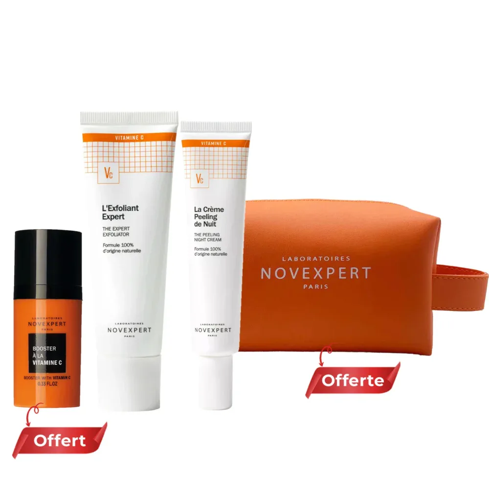 Novexpert la crème peeling de nuit + novexpert l’exfoliant expert + novexpert miniature vitamine c booster offert + trousse offerte