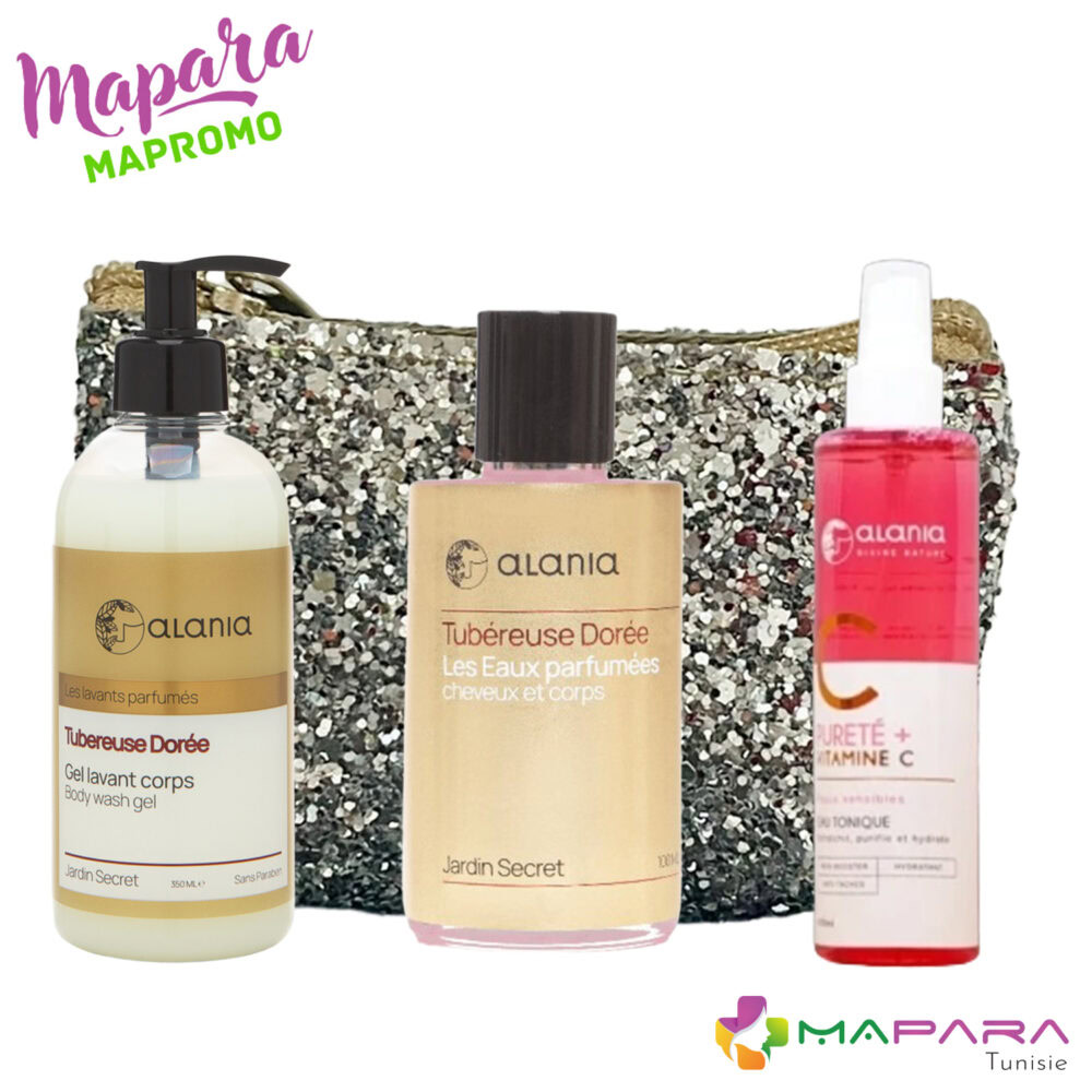 Alania tubéreuse dorée – gel lavant corps 350ml + eau parfumée cheveux & corps 100ml + pureté+ vitamine c eau tonique 150ml offerte + trousse offerte