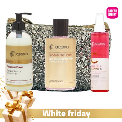 Alania tubéreuse dorée – gel lavant corps 350ml + eau parfumée cheveux & corps 100ml + pureté+ vitamine c eau tonique 150ml offerte + trousse offerte