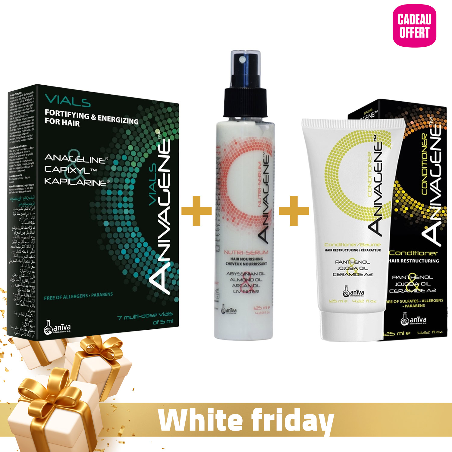 Anivagene ampoule 7 × 5ml + sérum nutritive 125ml + conditionneur 125ml (offert) Anivagene ampoule 7 × 5ml + sérum nutritive 125ml + conditionneur 125ml (offert)