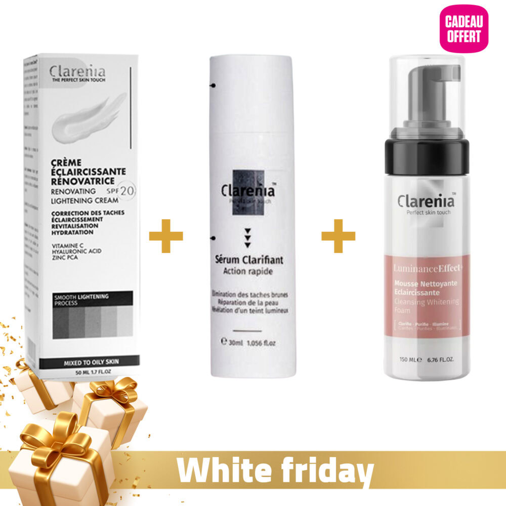 Clarenia crème éclaircissante spf20 pmg+ 50ml + sérum clarifiant action rapide 30ml + gel nettoyant éclaircissant 200ml (offert)