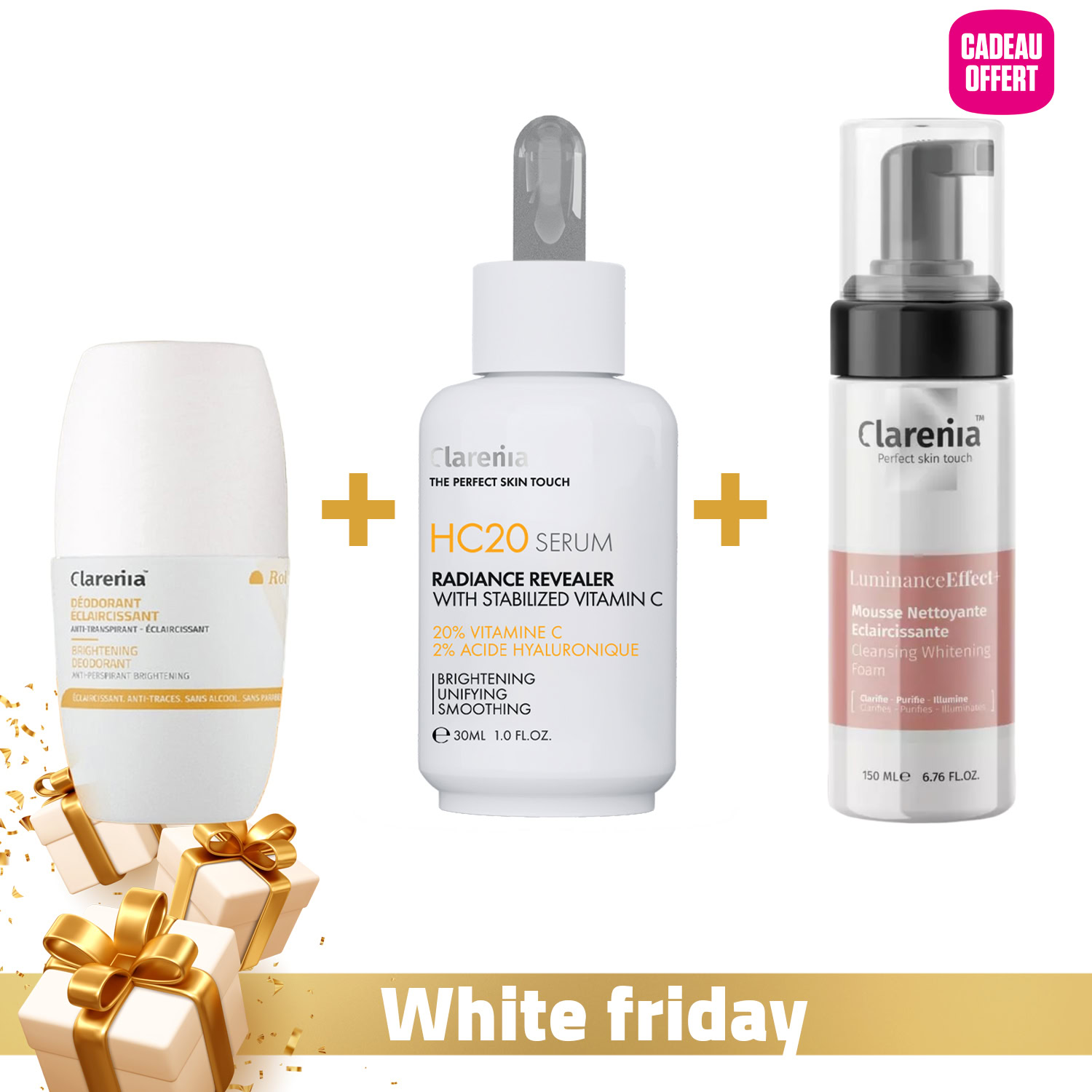 Clarenia déodorant éclaircissant 50ml + hc 20 sérum booster 30ml + luminance effect mousse nettoyante éclaircissante 150ml (offerte) Clarenia déodorant éclaircissant 50ml + hc 20 sérum booster 30ml + luminance effect mousse nettoyante éclaircissante 150ml (offerte)