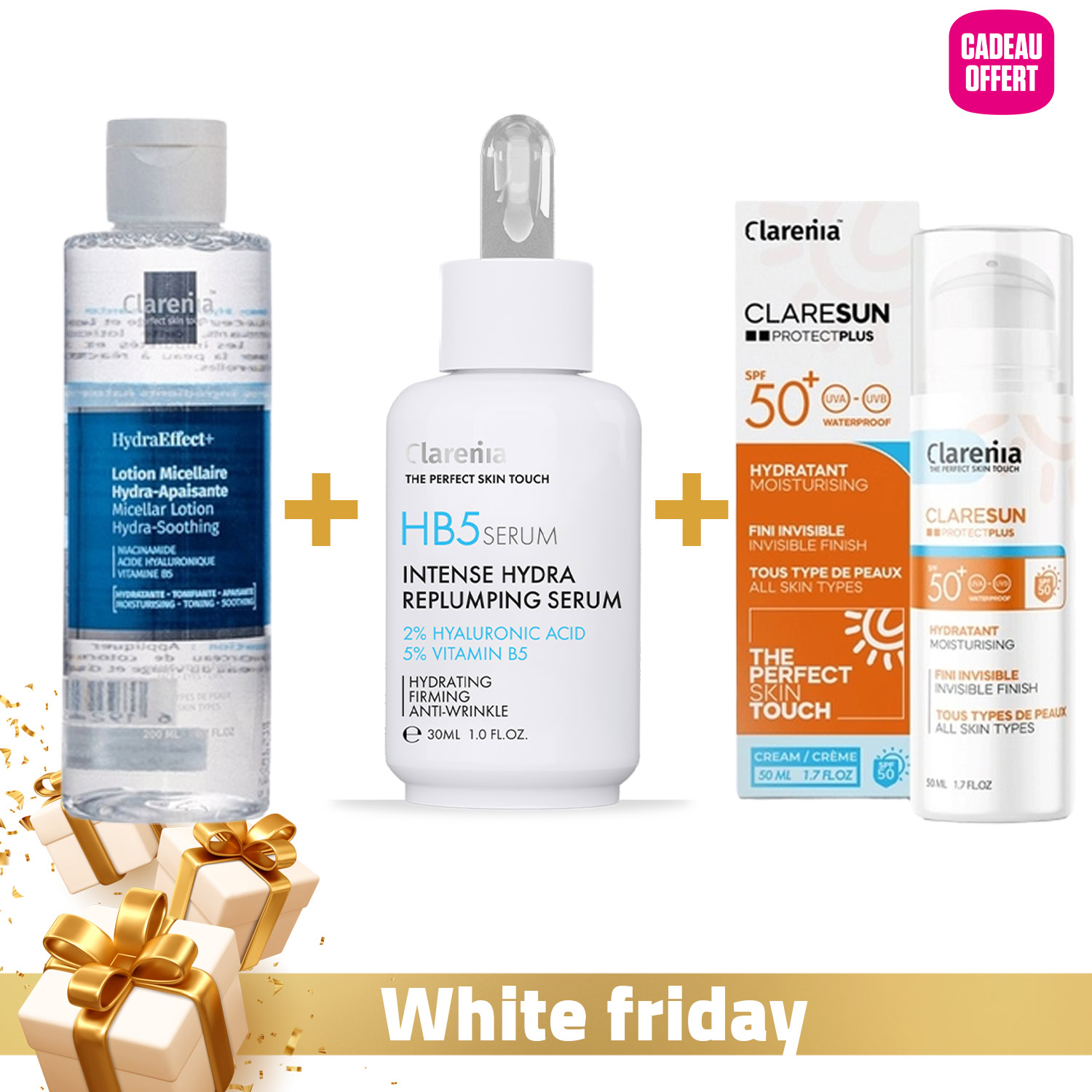 Clarenia hb5 sérum hydra repulpant 30ml + lotion micellaire hydra apaisante 200ml + écran hydratant invisible spf50+ 50ml (offert) Clarenia hb5 sérum hydra repulpant 30ml + lotion micellaire hydra apaisante 200ml + écran hydratant invisible spf50+ 50ml (offert)