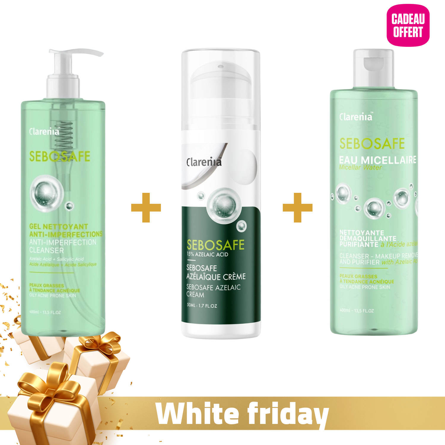 CLARENIA SEBOSAFE GEL NETTOYANT+CREME ACIDE AZELAIQUE+EAU MICELLAIRE 400ML (OFFERT)+TROUSSE (OFFERT)