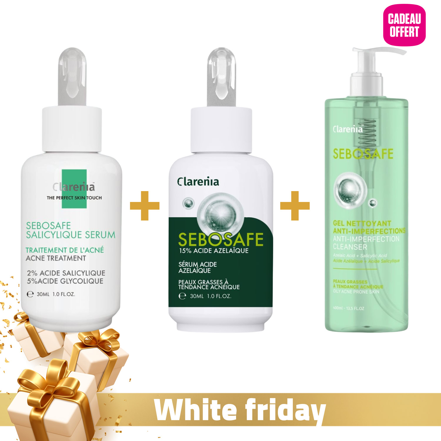 CLARENIA Sebosafe Sérum Salicylique 30ml + Sérum Acide Azélaïque 30ml + Gel Nettoyant 400ml (offert)