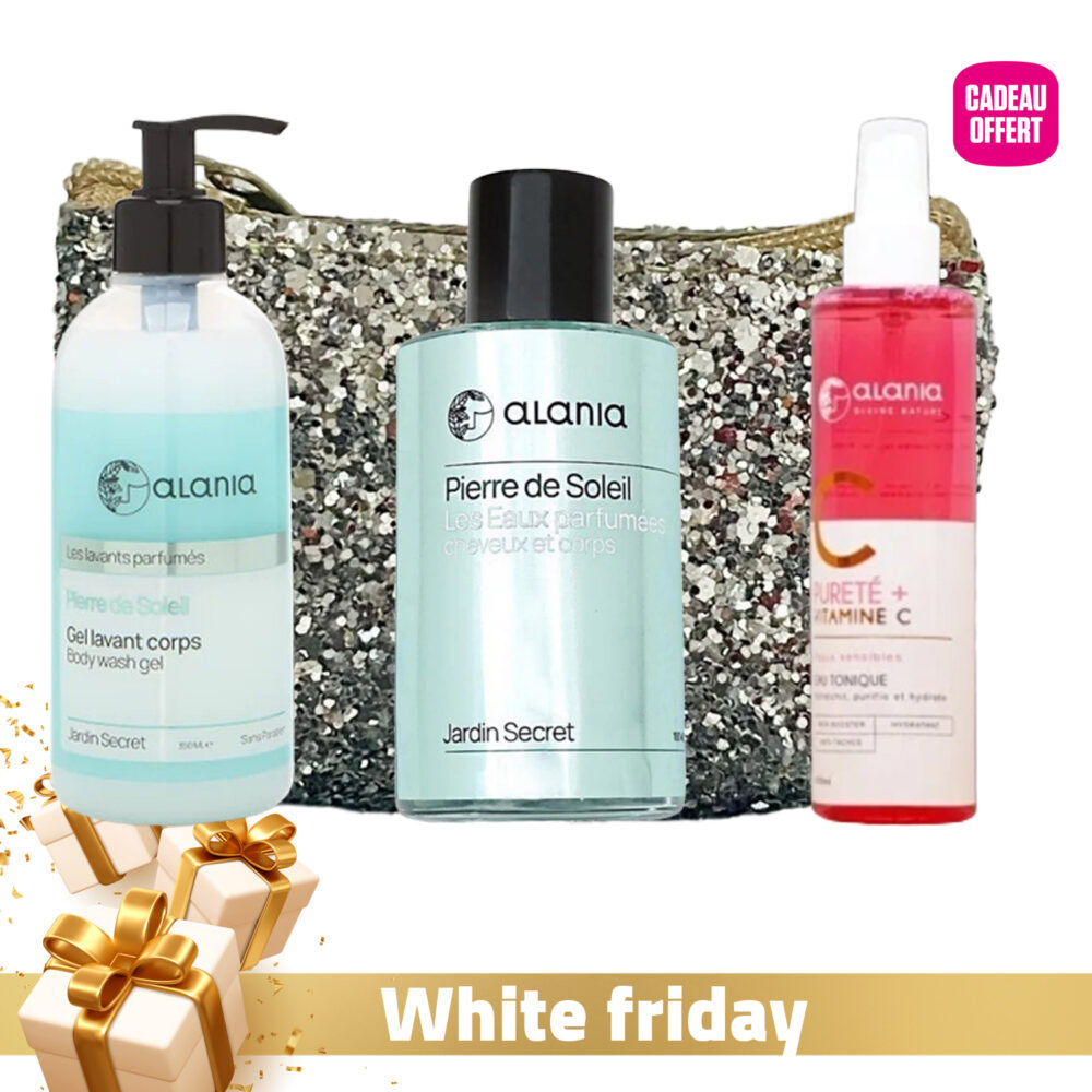 Coffret alania pierre de soleil – gel lavant corps 350ml + eau parfumée cheveux & corps 100ml + pureté+ vitamine c eau tonique 150ml offerte + trousse offerte