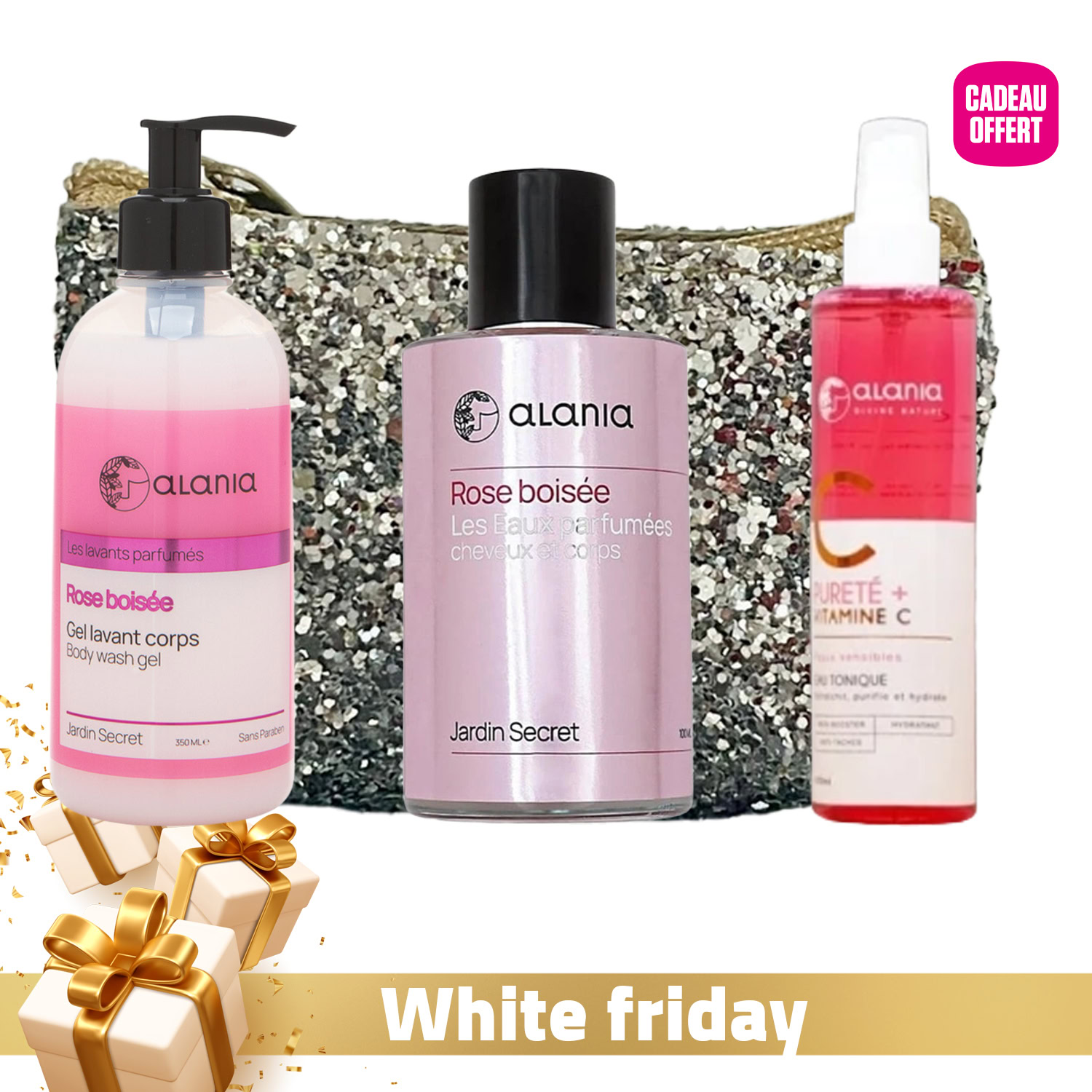 Coffret alania rose boisée – gel lavant corps 350ml + eau parfumée cheveux & corps 100ml + pureté+ vitamine c eau tonique 150ml offerte + trousse offerte Coffret alania rose boisée – gel lavant corps 350ml + eau parfumée cheveux & corps 100ml + pureté+ vitamine c eau tonique 150ml offerte + trousse offerte