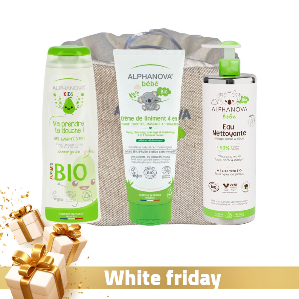 Alphanova bébé bio – crème de liniment 4en1 + gel lavant enfant poire 250ml + eau nettoyante 400ml + trousse offerte