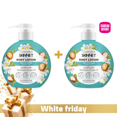 Cosmaline Skinnet Lait Corps Nourrissant au Beurre de Karité et à l’Huile d’Argan Peaux Sèches à Très Sèches 400ml + 1 Lait Corps 400ml Offert