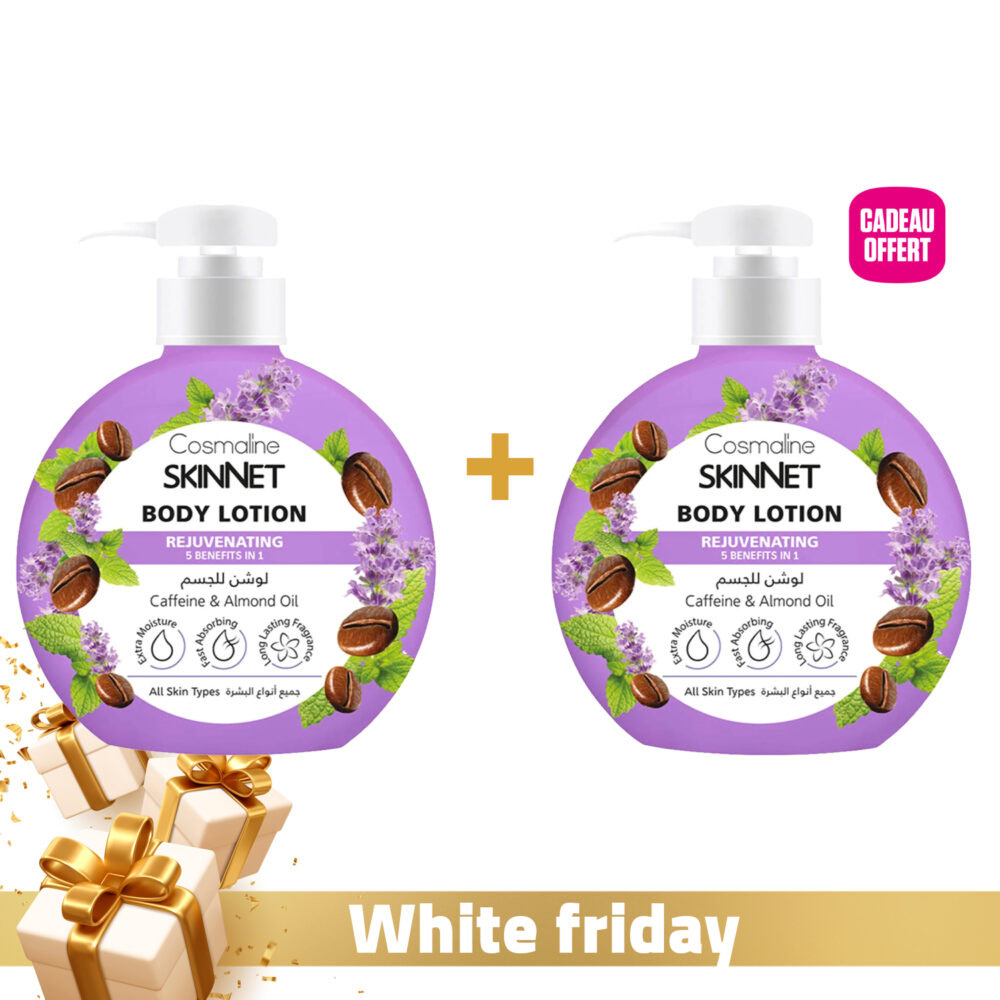 Cosmaline skinnet lotion corporelle rajeunissante à la caféine et à l’huile d’amande 400ml + 1 lotion corporelle 400ml offerte