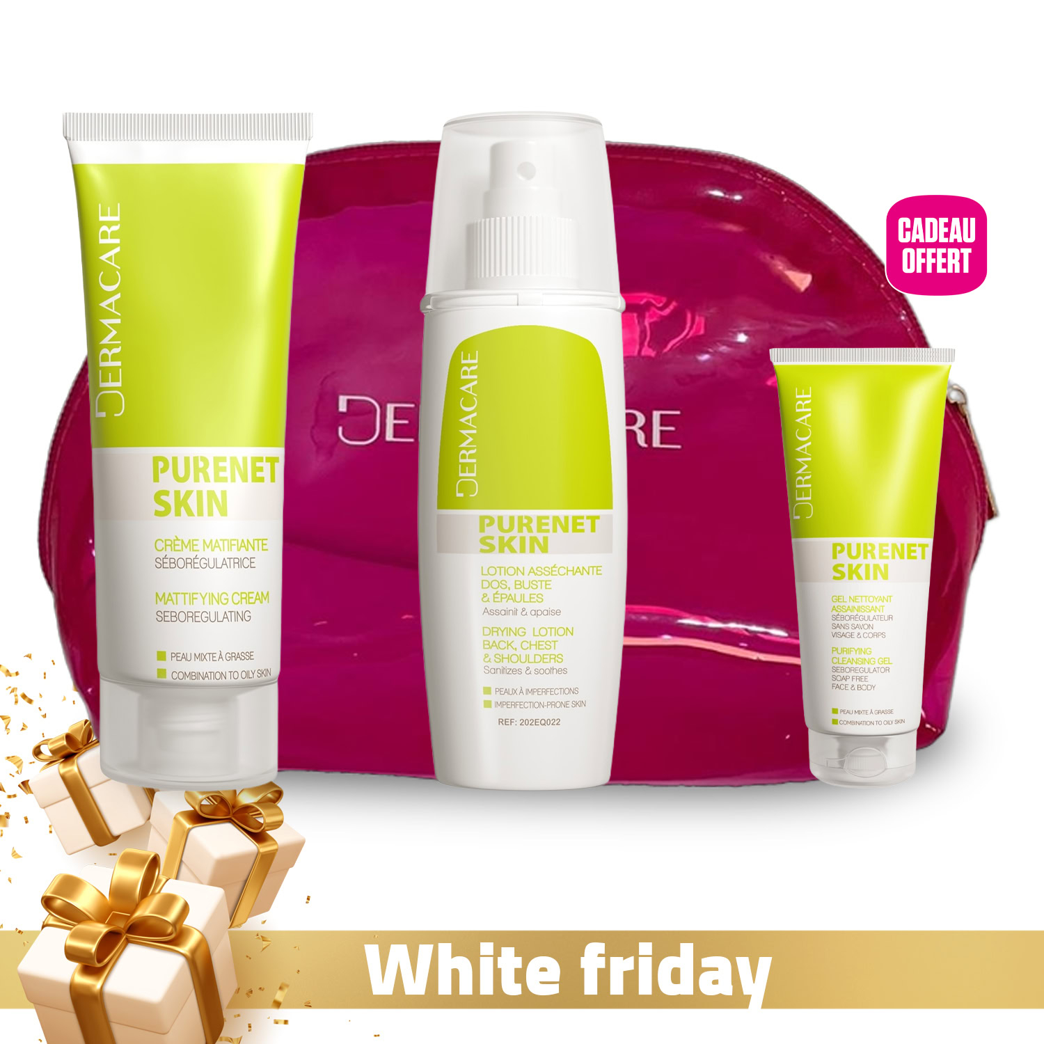 Dermacare purenet skin – crème matifiante 40ml + lotion asséchante 100ml + gel nettoyant assainissant 50ml offert + trousse offerte Dermacare purenet skin – crème matifiante 40ml + lotion asséchante 100ml + gel nettoyant assainissant 50ml offert + trousse offerte