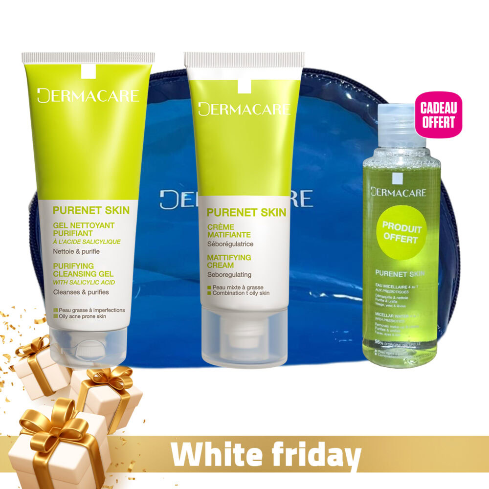 Dermacare purenet skin – gel nettoyant assainissant 200ml + crème matifiante séborégulatrice 40ml + eau micellaire 170ml offerte + trousse offerte