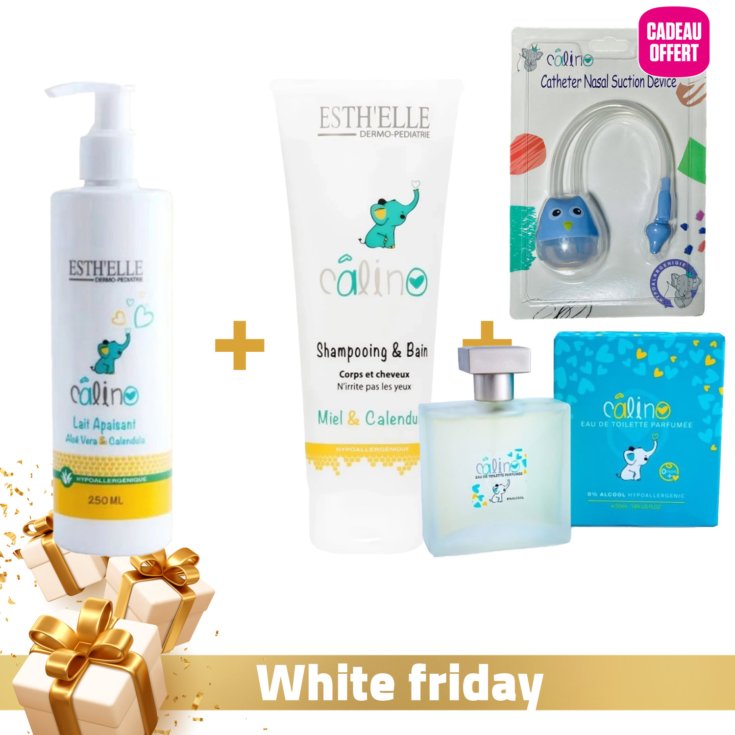Esthelle calino lait apaisant 250ml + esthelle calino shampoing corps et cheveux 250ml + calino eau de toilette parfumée 50ml + aspirateur nasal offert Esthelle calino lait apaisant 250ml + esthelle calino shampoing corps et cheveux 250ml + calino eau de toilette parfumée 50ml + aspirateur nasal offert