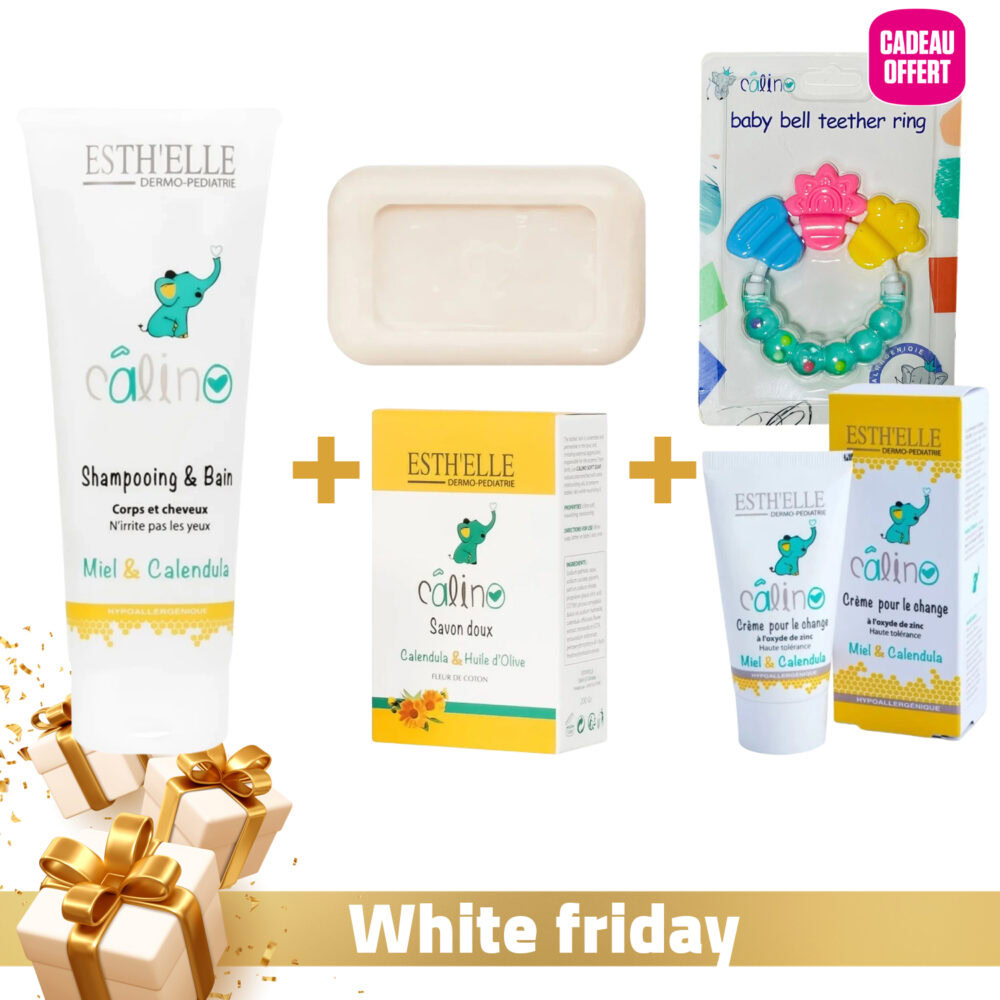 Esthelle calino shampoing corps et cheveux 250ml + esthelle calino savon 200g + esthelle calino crème pour le change 50g offert + anneau de dentition offert
