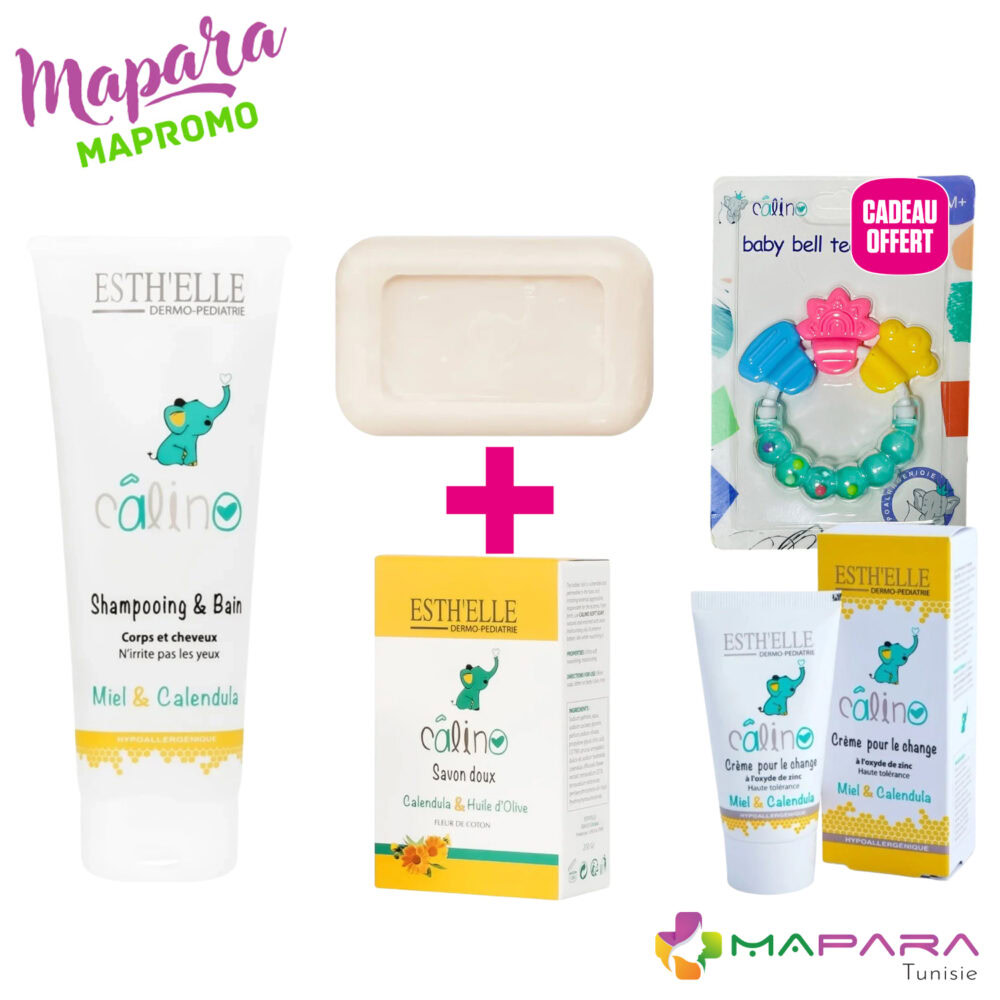 Esthelle calino shampoing corps et cheveux 250ml + esthelle calino savon 200g + esthelle calino crème pour le change 50g offert + anneau de dentition offert