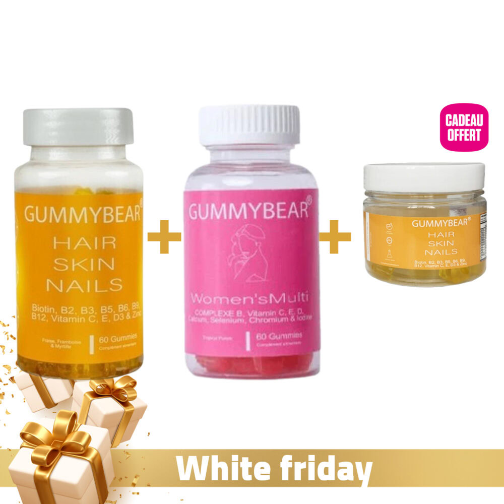 Gummybear hair skin nails vitamins 60 gummies + gummybear women’s multi 60 gummies + gummybear hair skin nails vitamins 15 gummies offert