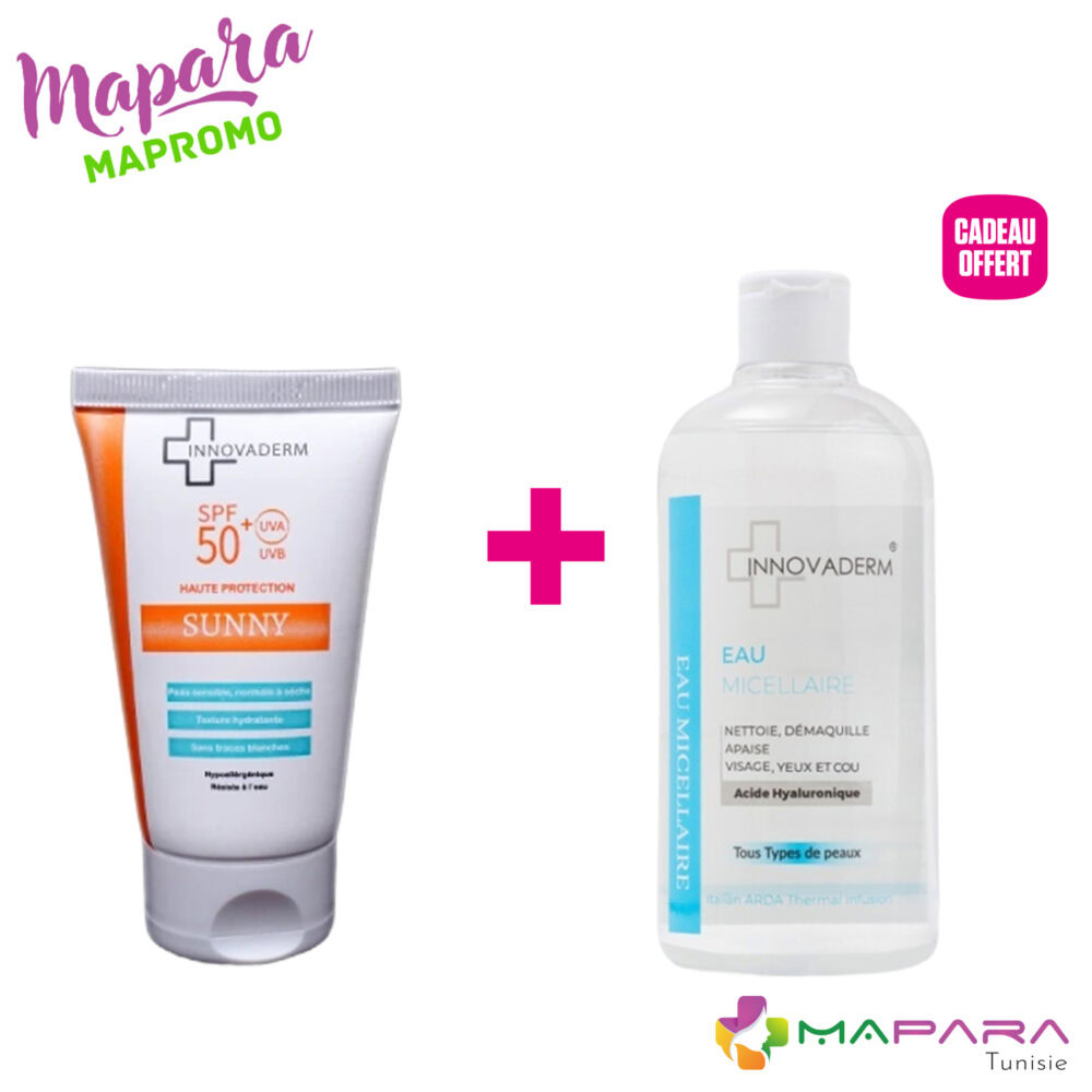 Innovaderm sunny spf 50+ peau sèche + eau micellaire 400ml offerte