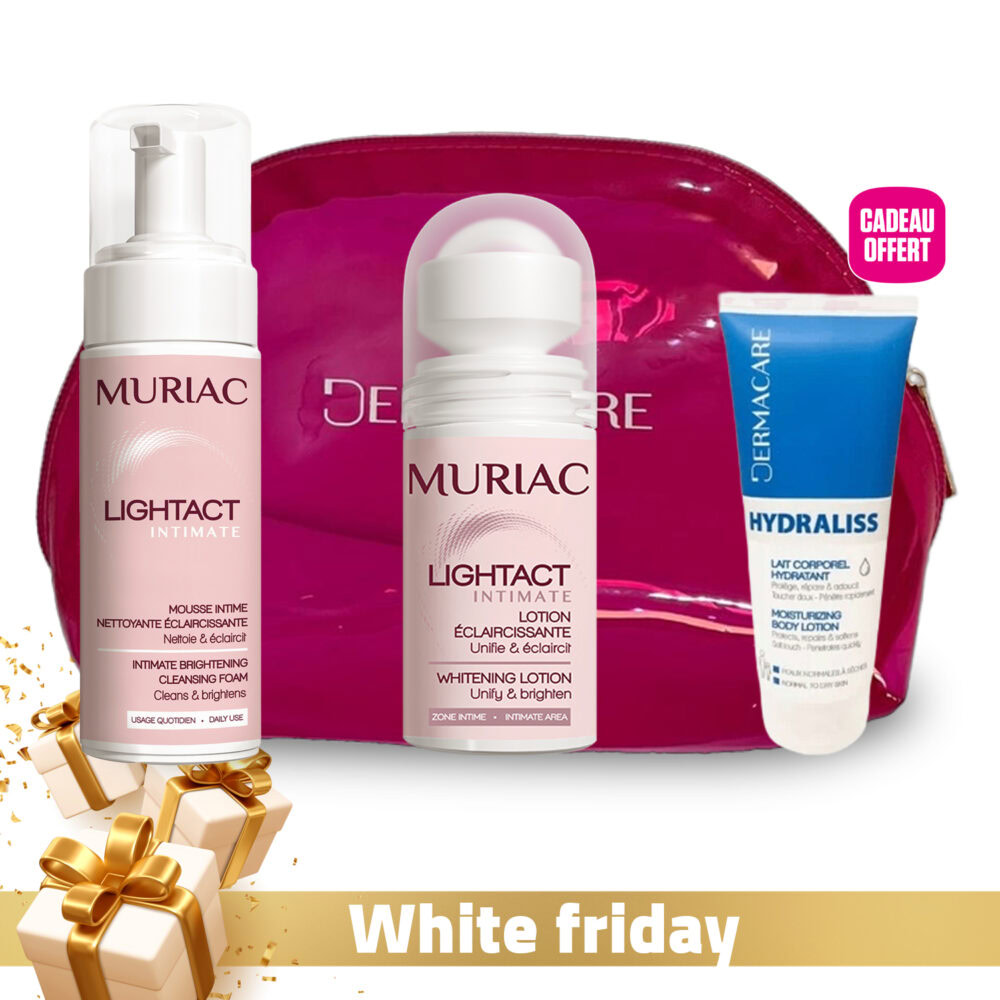 Muriac intime & corps – mousse intime éclaircissante 150ml + lotion intime roll-on éclaircissante 50ml + dermacare hydraliss lait corporel 50ml offert + trousse offerte