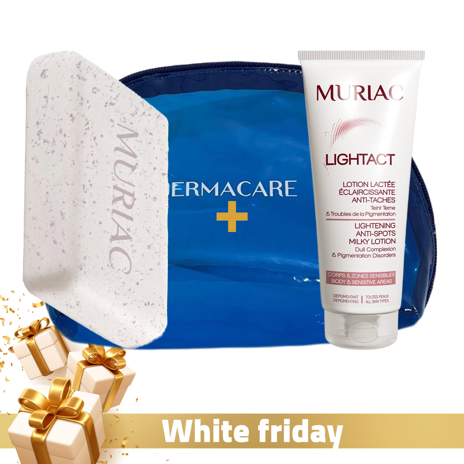 Muriac lightact savon exfoliant + muriac lightact lotion lactée éclaircissante anti-taches corps et zone sensibles 200 ml + trousse offert Muriac lightact savon exfoliant + muriac lightact lotion lactée éclaircissante anti-taches corps et zone sensibles 200 ml + trousse offert