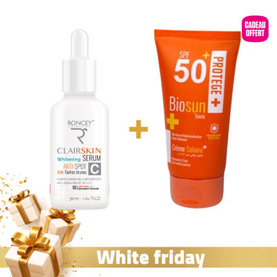 Roncey-clairskin-serum-eclaircissant-anti-taches-30ml-biosun-ecran-teinte-spf50-50ml-offert